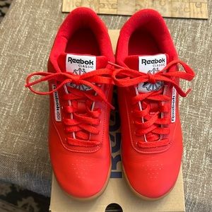 BNIB reebok, Princess Classics, in red with gum sole
